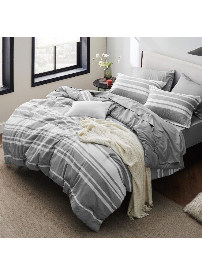 Bedsure Bedsure Queen Comforter Set 7 Pieces, Grey White Striped Comforter for Queen Size Bed Reversible, Cationic Dyeing Bed in a Bag with Comforter, Sheets, Pillowcases & Shams  - Image 4