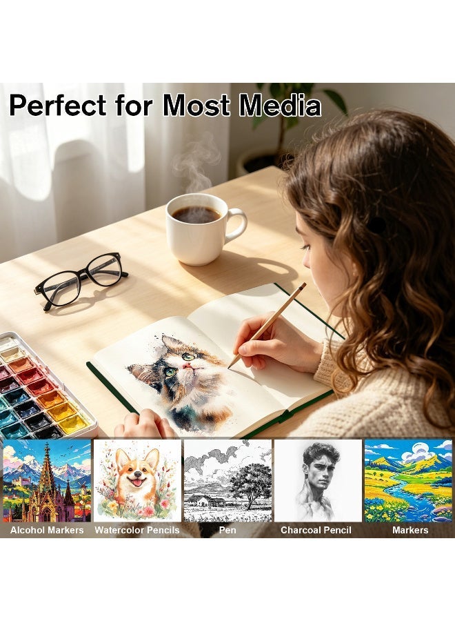 دفتر رسم مكون من قطعتين، دفتر رسم بورق فارغ مقاس A5، دفتر سميك 320 صفحة، 120 غرام، غلاف من الجلد الناعم المقاوم للماء، للرسم والتوضيح (رمادي + أخضر) - Image 5