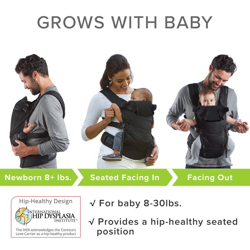 Contours Baby Carrier Newborn to Toddler |Love 3 Position Convertible Easy-to-Use Baby Carrier with Pockets for Men and Women, Newborn, Front Face in and Front Face Out (8-30lbs) - Charcoal Gray - Image 2