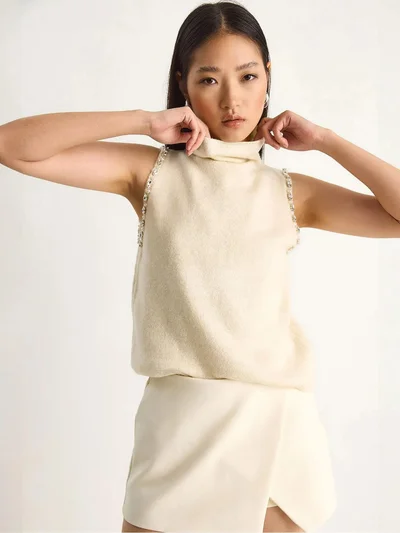 Bianco Lucci LUCCI Turtleneck Blouse with Pearl Detail