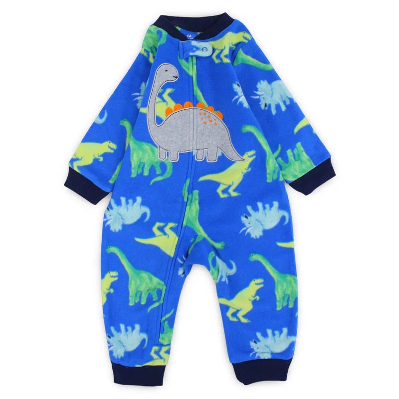 Cherries Baby Boys Fleeced Footless Onesie – Blue with Dinos Print - Image 1