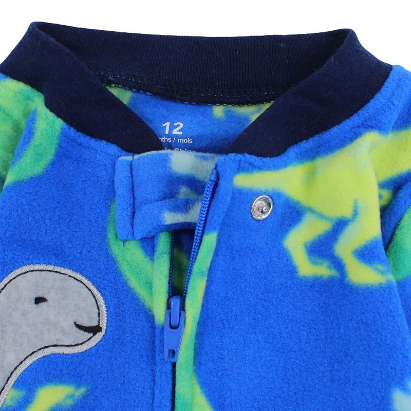 Cherries Baby Boys Fleeced Footless Onesie – Blue with Dinos Print - Image 3
