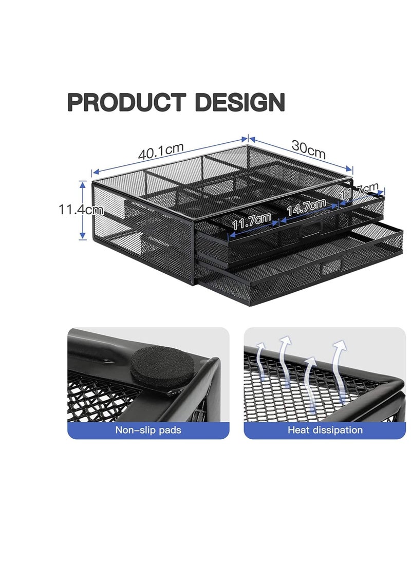 Y&D - Monitor Stand with 2 Storage Drawers Metal Mesh Desk Organisers, Support Laptop, Notebook PC Monitor, Printer, Scanner up to 15 KG - Image 1
