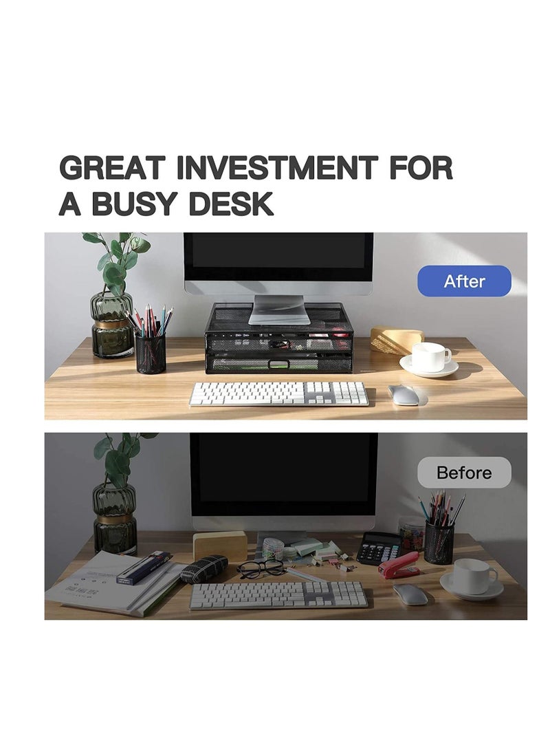 Y&D - Monitor Stand with 2 Storage Drawers Metal Mesh Desk Organisers, Support Laptop, Notebook PC Monitor, Printer, Scanner up to 15 KG - Image 1