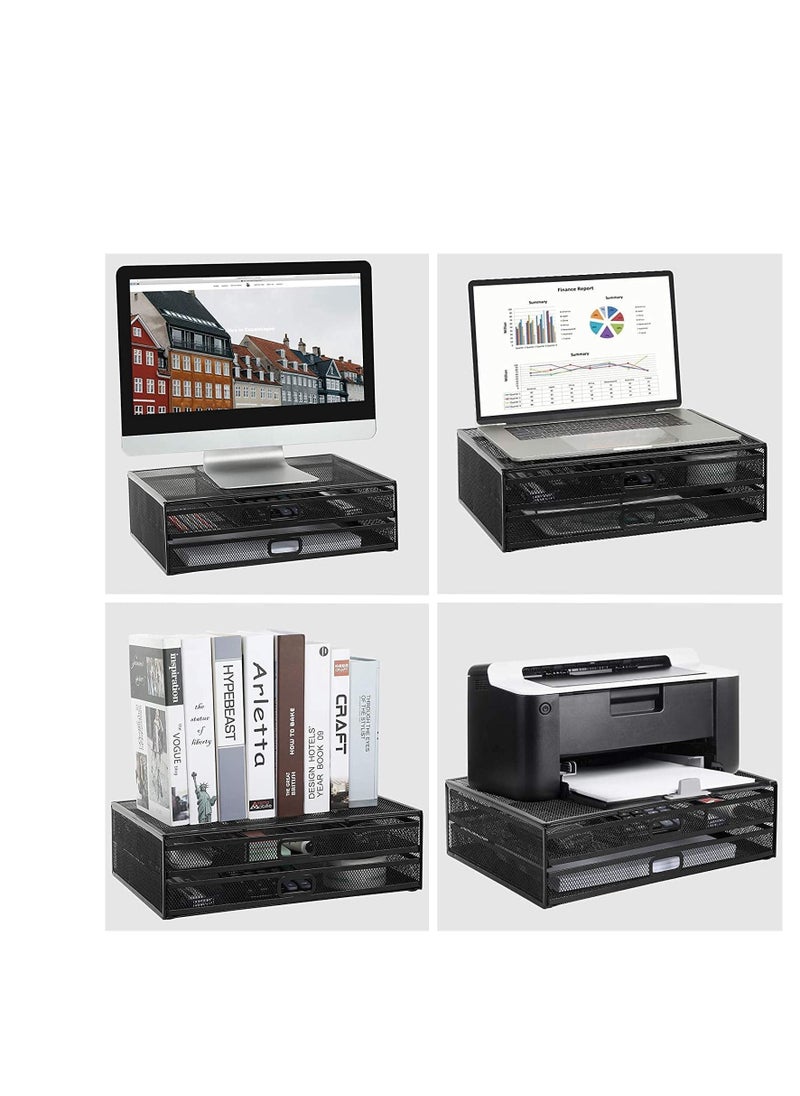 Y&D - Monitor Stand with 2 Storage Drawers Metal Mesh Desk Organisers, Support Laptop, Notebook PC Monitor, Printer, Scanner up to 15 KG - Image 1