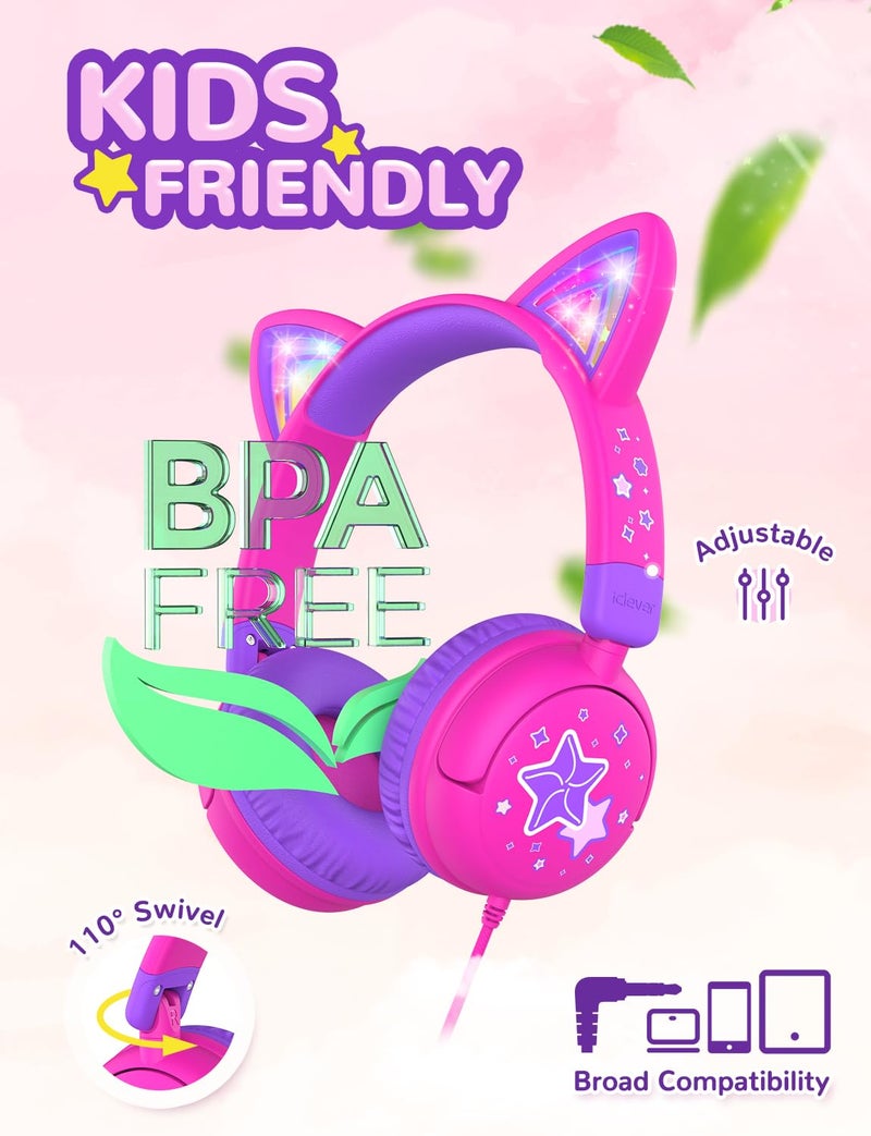 iClever Kids Headphones Cat Ear, LED Light Up, 85dBA Safe Volume, Stereo Sound Toddler Headphones for Travel School, Foldable 3.5mm Wired Kids Headphone for iPad Tablets, Meow Lollipop-Hot Pink - Image 4