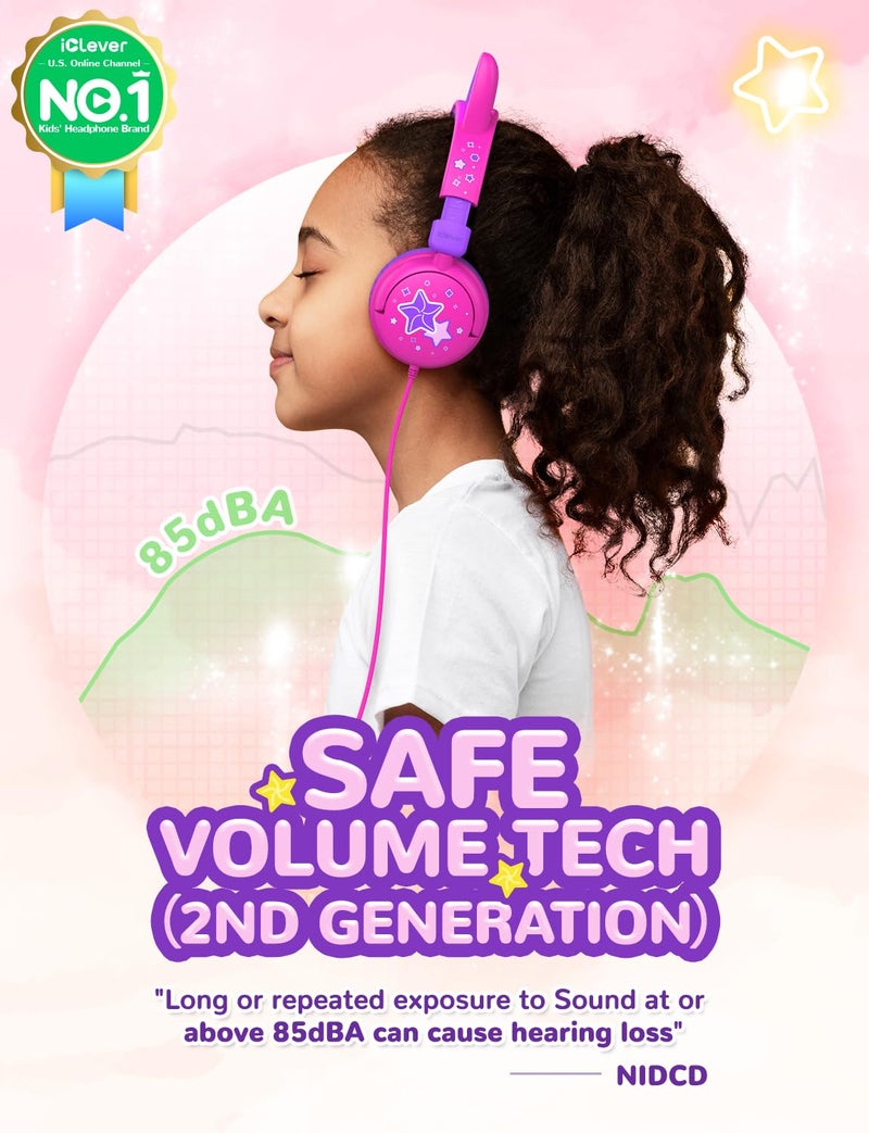 iClever Kids Headphones Cat Ear, LED Light Up, 85dBA Safe Volume, Stereo Sound Toddler Headphones for Travel School, Foldable 3.5mm Wired Kids Headphone for iPad Tablets, Meow Lollipop-Hot Pink - Image 2