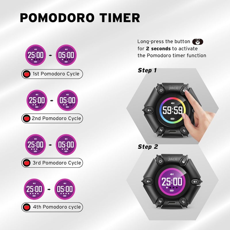 Printers Jack Jack Pomodoro Timer - Productivity Cube, Visual Focus Timer, Mute & Vibration & Adjustable Sound Alert, for Office, ADHD, Study, Work, 3/5/10/25/30/60min & Custom Countdown - Black - Image 4