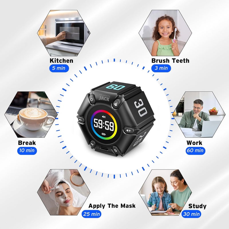 Printers Jack Jack Pomodoro Timer - Productivity Cube, Visual Focus Timer, Mute & Vibration & Adjustable Sound Alert, for Office, ADHD, Study, Work, 3/5/10/25/30/60min & Custom Countdown - Black - Image 5