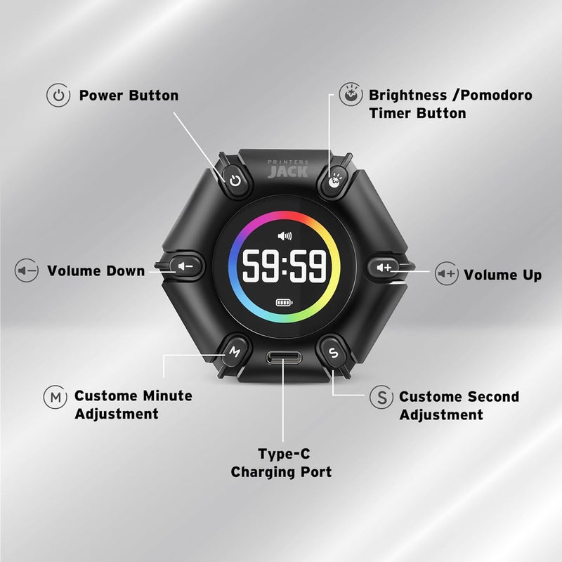 Printers Jack Jack Pomodoro Timer - Productivity Cube, Visual Focus Timer, Mute & Vibration & Adjustable Sound Alert, for Office, ADHD, Study, Work, 3/5/10/25/30/60min & Custom Countdown - Black - Image 2