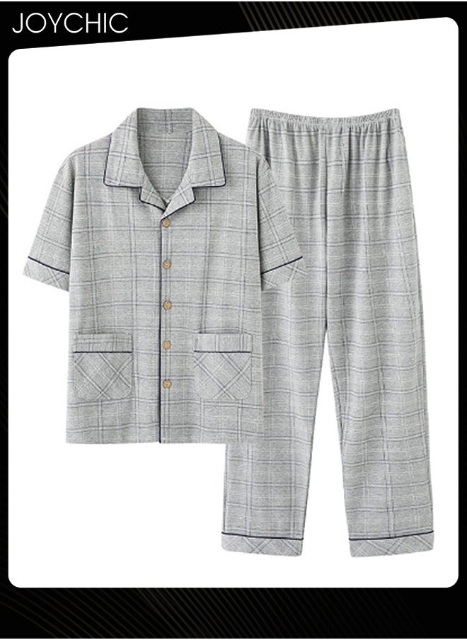 Joychic - 2-piece Leisure Men's Pajamas Set Pure Cotton Skin-friendly Lattice Short-sleeved Trousers Loose Youth Home Sleepwear Breathable Cardigan Suit Grey for Spring Summer Autumn - Image 1