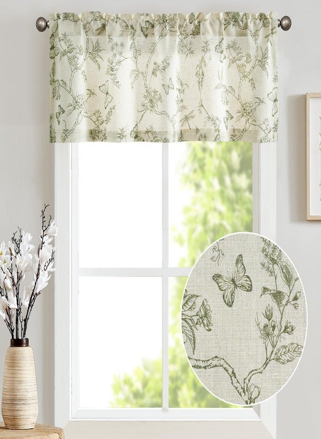 Lazzzy Green Floral Valance Curtain Linen Farmhouse Valance for Kitchen Living Room Bedroom Country Valances Window Treatments Small Window Cafe Curtain 16 Inch Rod Pocket 1 Panel Green on Beige - Image 2