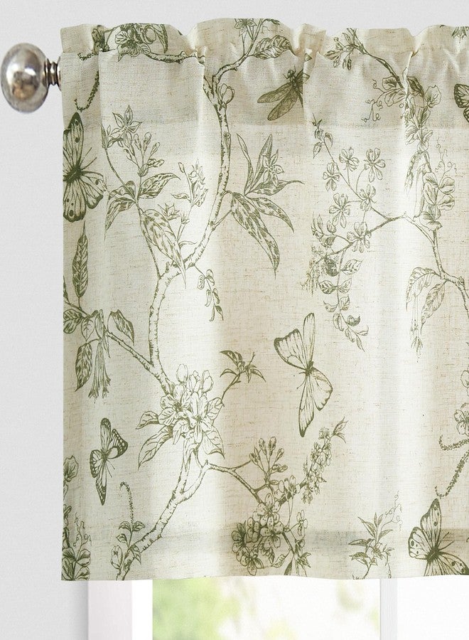 Lazzzy Green Floral Valance Curtain Linen Farmhouse Valance for Kitchen Living Room Bedroom Country Valances Window Treatments Small Window Cafe Curtain 16 Inch Rod Pocket 1 Panel Green on Beige - Image 1