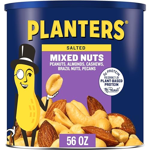 PLANTERS Salted Mixed Nuts, Peanuts, Almonds, Cashews, Brazil Nuts and Pecans, Party Snack, Plant-Based Protein, Quick Snack for Adults, After School Snack, Bulk Nuts, Kosher, 56oz Canister - Image 1