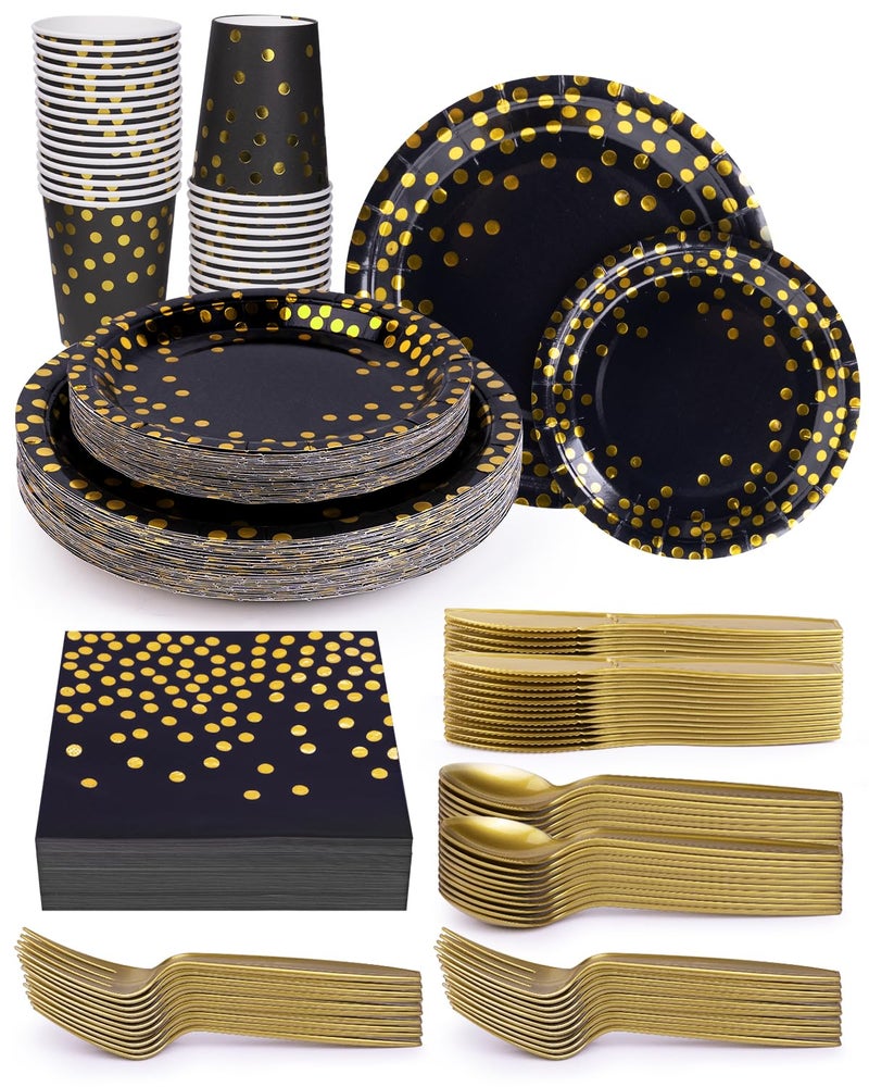 Lzerking 224 Pieces Party Supplies, Black and Gold Party Plates Cups and Napkins Sets with Plastic Knives forks spoons, Disposable Tableware Serves 32 Sets for Wedding, Birthday, Graduation, Festivals - Image 1