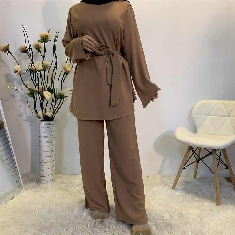 Fashion Womens Casual Wide Leg Pants Muslim Suit 2272 Brown - Image 1