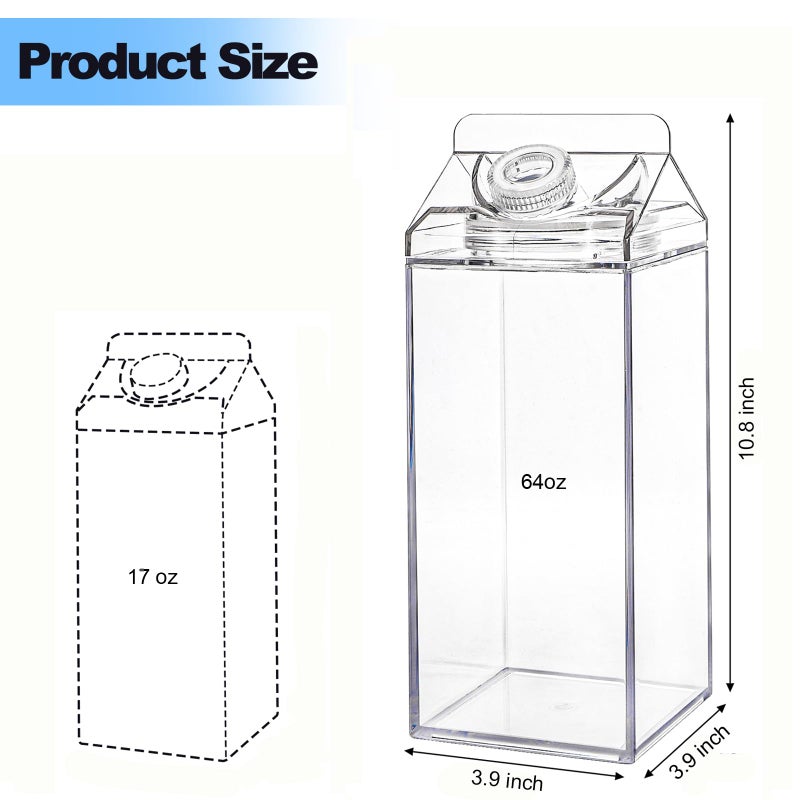 Bekith 2 Pack 64 Oz Large Milk Carton Water Bottle, Clear Plastic Milk Bottle with Cleaning Brush, Portable Leakproof Square Juice Bottle Reusable Milk Container for Outdoor Sports Travel Camping - Image 2