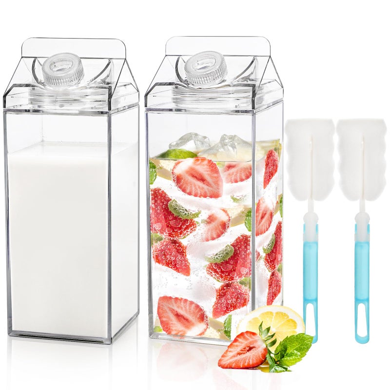 Bekith 2 Pack 64 Oz Large Milk Carton Water Bottle, Clear Plastic Milk Bottle with Cleaning Brush, Portable Leakproof Square Juice Bottle Reusable Milk Container for Outdoor Sports Travel Camping - Image 1