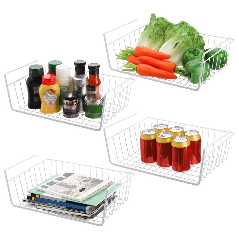 Tebery 4 Pack White Under Shelf Wire Basket Hanging Storage Baskets Under Cabinet Addon Storage Racks Slidein Baskets Organizer for Kitchen Pantry Desk Bookshelf