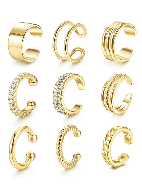 14K Gold Plated Non-Piercing Ear Cuffs Set of 9 for Women with AAA+ Cubic Zirconia