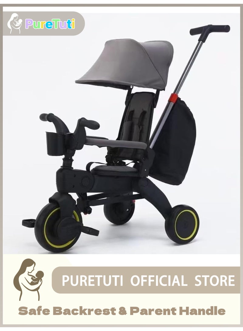 PureTuti Toddler Tricycle, Toddler Bike, 5-in-1 Compact Foldable Tricycle， Trike with Push Handle, Backrest and Safety Belt, Balance Bike (gray) - Image 1