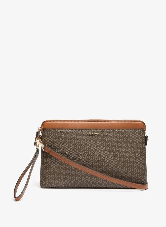 Celeste Women's All-Over Monogram Print Clutch with Detachable Strap and Zip Closure
