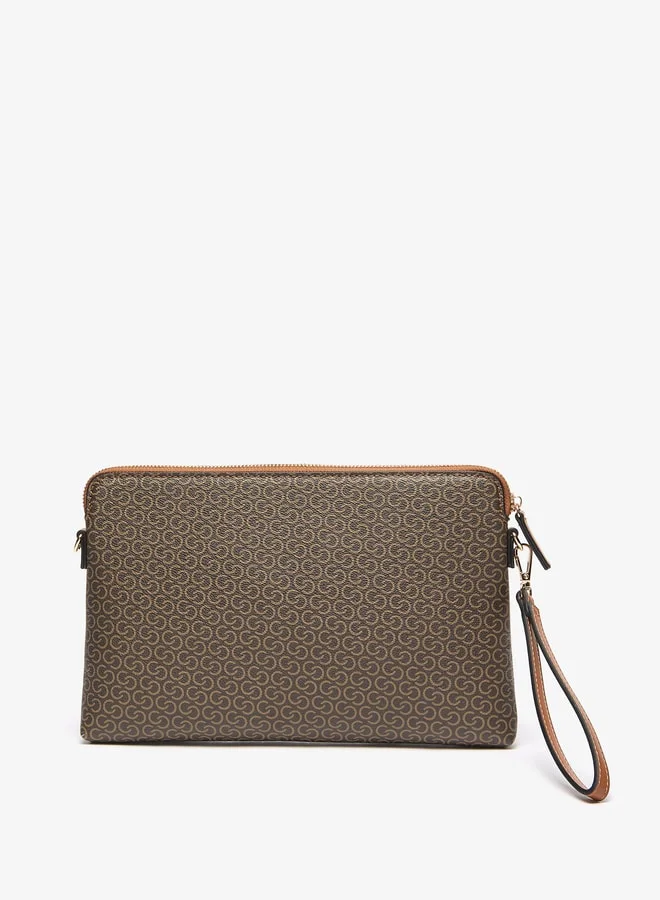 Celeste Women's All-Over Monogram Print Clutch with Detachable Strap and Zip Closure
