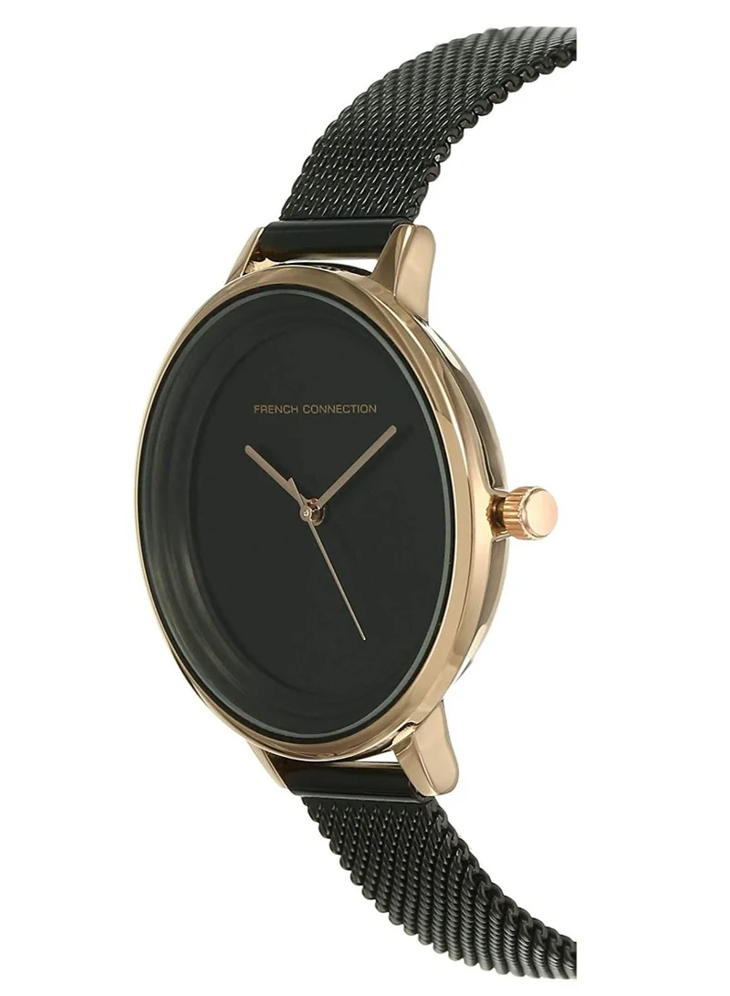 French Connection Black Dial Black Stainless Steel Mesh Bracelet Analog Watch for Women 25mm