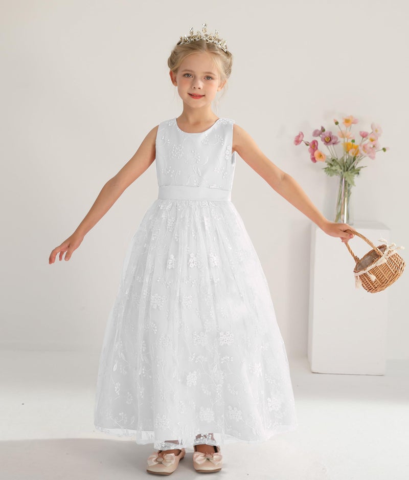 Uhnice Flower Girl Embroidered Dress Sleeveless Lace Ball Gown Formal Princess Dress for Wedding Birthday Party (White, 7-8/130) - Image 2