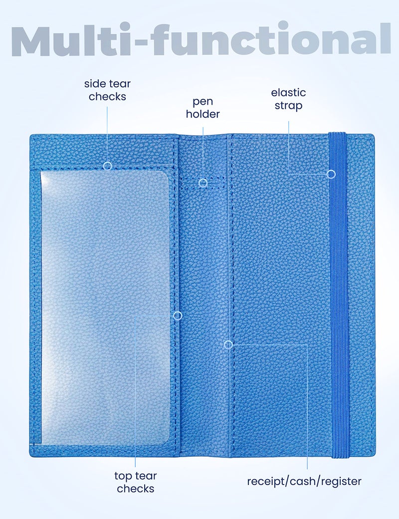 Yarnic Checkbook Cover for Personal Checkbook, Checkbook Holder with Pen Holder & Built-in Clear Plastic Divider for Duplicate Checks (Blue) - Image 2