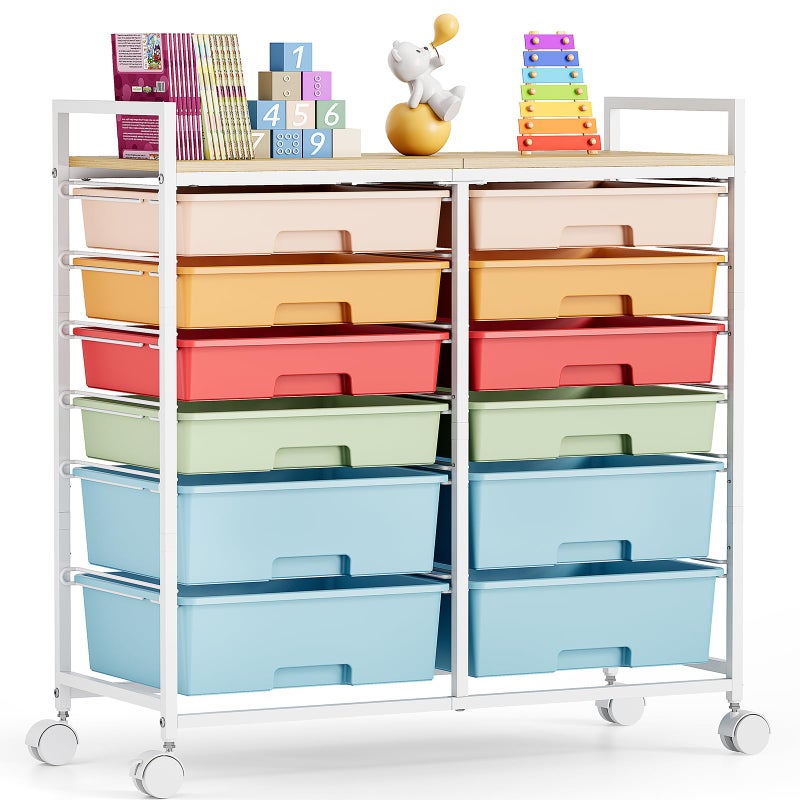 TOOLF Rolling Storage Cart with 12 Drawers, Wooden Tabletop Utility Cart for Craft Storage, Art Supply Storage & Home Office Organization, Teacher Cart with Wheels for Classroom, School (Rainbow) - Image 1