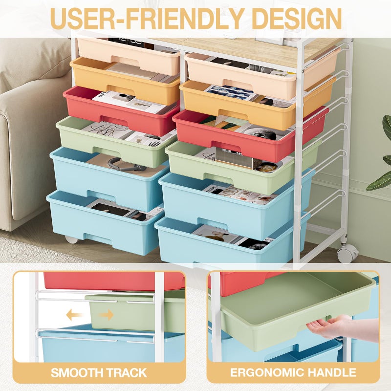 TOOLF Rolling Storage Cart with 12 Drawers, Wooden Tabletop Utility Cart for Craft Storage, Art Supply Storage & Home Office Organization, Teacher Cart with Wheels for Classroom, School (Rainbow) - Image 3