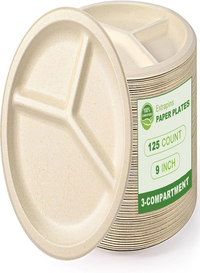 Extrapins 125 Pack 3 Compartment Paper Plates,Compostable Plates,Disposable Paper Plate,9 Inch Heavy Duty Biodegradable Plate for Daily Meals,Food Grade Sugar Cane Fiber - Image 1