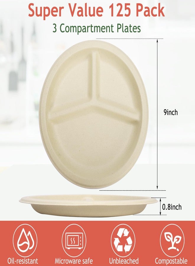 Extrapins 125 Pack 3 Compartment Paper Plates,Compostable Plates,Disposable Paper Plate,9 Inch Heavy Duty Biodegradable Plate for Daily Meals,Food Grade Sugar Cane Fiber - Image 2