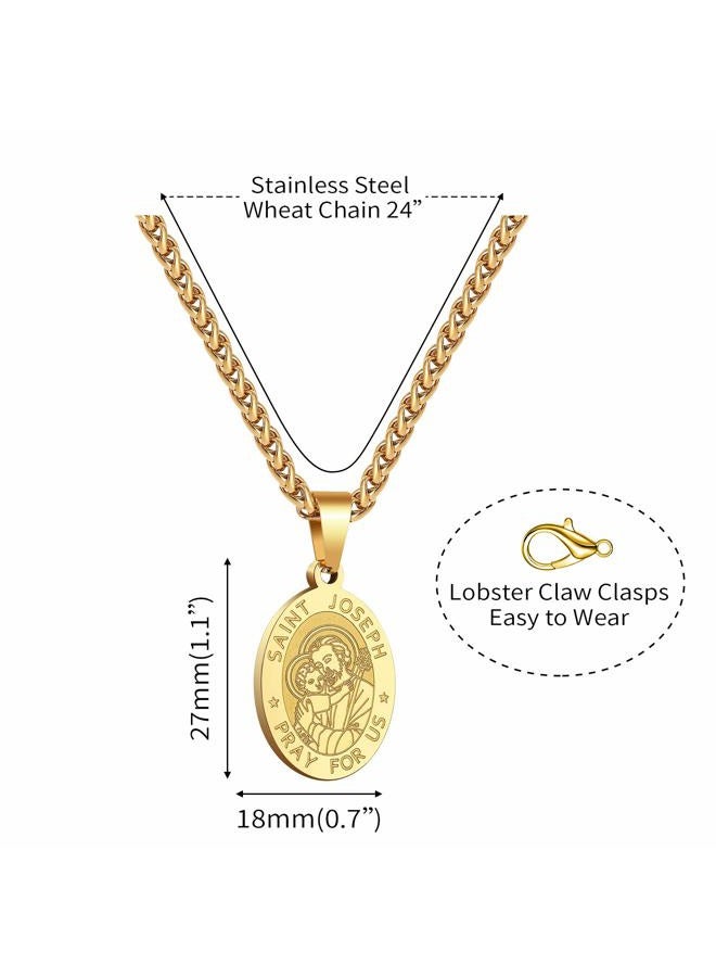 RS Black St Saint Joseph Medal Necklace for Men Boys Stainless Steel Pendant Chain Catholic Religious Baptism First Communion Confirmation Jewelry Gifts Teen Teenage Him Son - Image 2