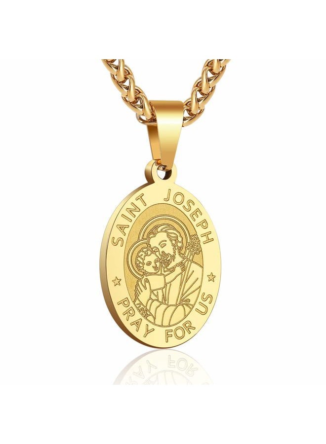 RS Black St Saint Joseph Medal Necklace for Men Boys Stainless Steel Pendant Chain Catholic Religious Baptism First Communion Confirmation Jewelry Gifts Teen Teenage Him Son - Image 1