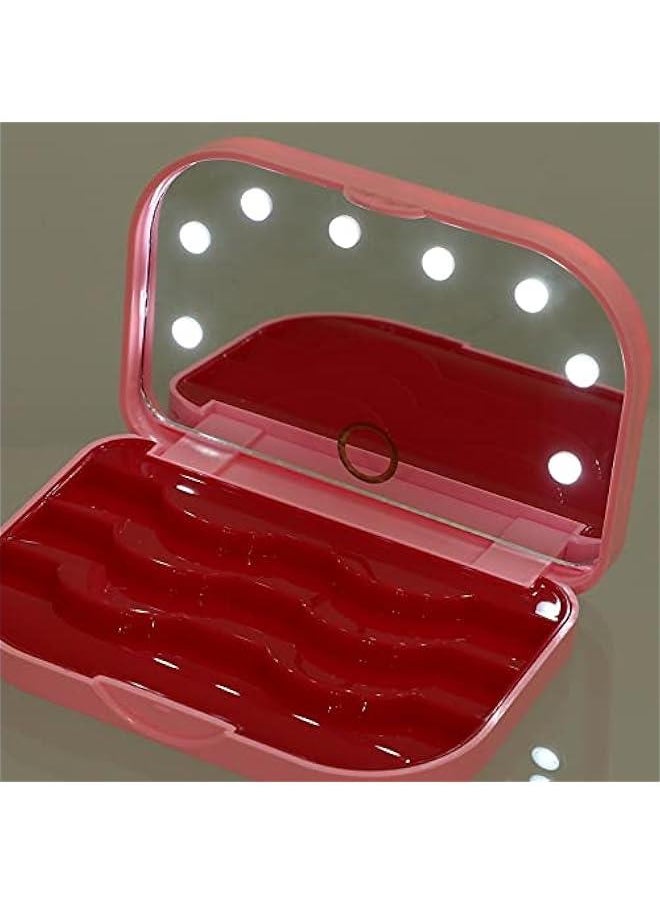 Generic - Eyelash Holder Case Empty False Eyelash Container Organizer with Makeup Mirror LED Light Lashes Storage Case for Eye Makeup Tool Pink - Image 1