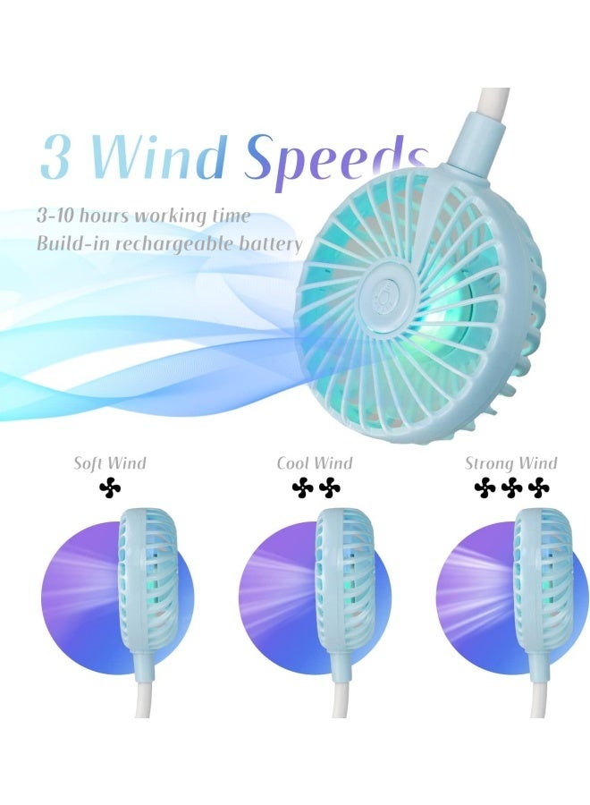 Portable Cooling Neck Fan, Rechargeable USB Personal Neck Fan with Colorful LED lights, 360° Rotation for Office Travel Sport, 3 Adjustable Speeds（Blue） - Image 3