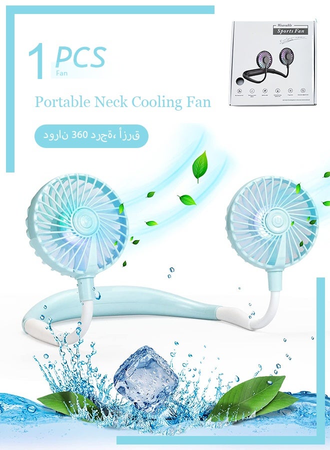 Portable Cooling Neck Fan, Rechargeable USB Personal Neck Fan with Colorful LED lights, 360° Rotation for Office Travel Sport, 3 Adjustable Speeds（Blue） - Image 1