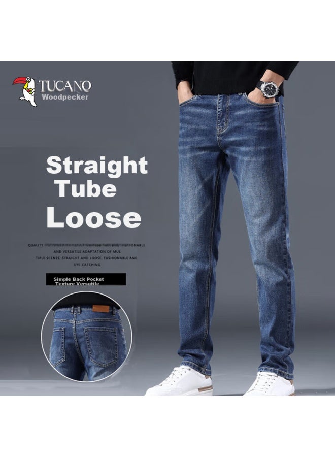 Tucano Men's Jeans, Winter Business Style, Washed Vintage Casual Straight-leg Trousers, Dark Blue, Size 32