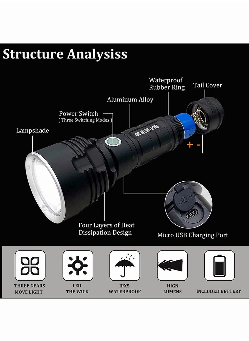 Generic - 30000-100000 lumens Rechargeable led Tactical Flashlight，Super Bright 3 Modes Handheld Flashlights ，Brightest Powerful 50W XLM-P70 LED USB Torch - Image 1