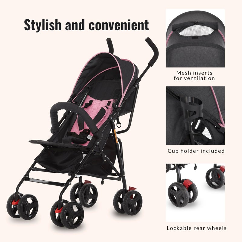 Dream On Me Vista Moonwalk Baby Stroller in Pink, Lightweight Infant Stroller with Compact Fold, Multi-Position Recline Umbrella Stroller with Canopy, Extra Large Storage and Cup Holder - Image 4