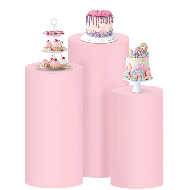Socomi Cylinder Pedestal Stand Covers Spandex Flexible Display Box Stand Covers for Birthday Party Wedding Baby Shower Decoration- Only Stand Covers Included Set of 3 Pink - Image 1