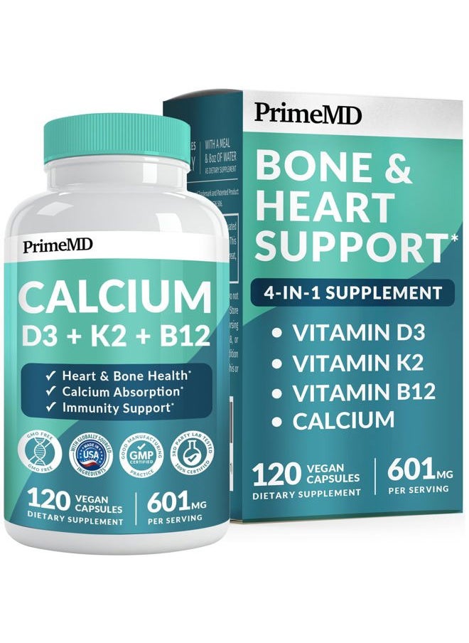 PrimeMD - 4-in-1 Calcium Supplements for Women and Men - Calcium 600mg with Vitamin D3 K2 5000 IU Supplement for Heart, Bone and Body Defenses - Gluten-Free, Vegan-Friendly (120 ct) - Image 1