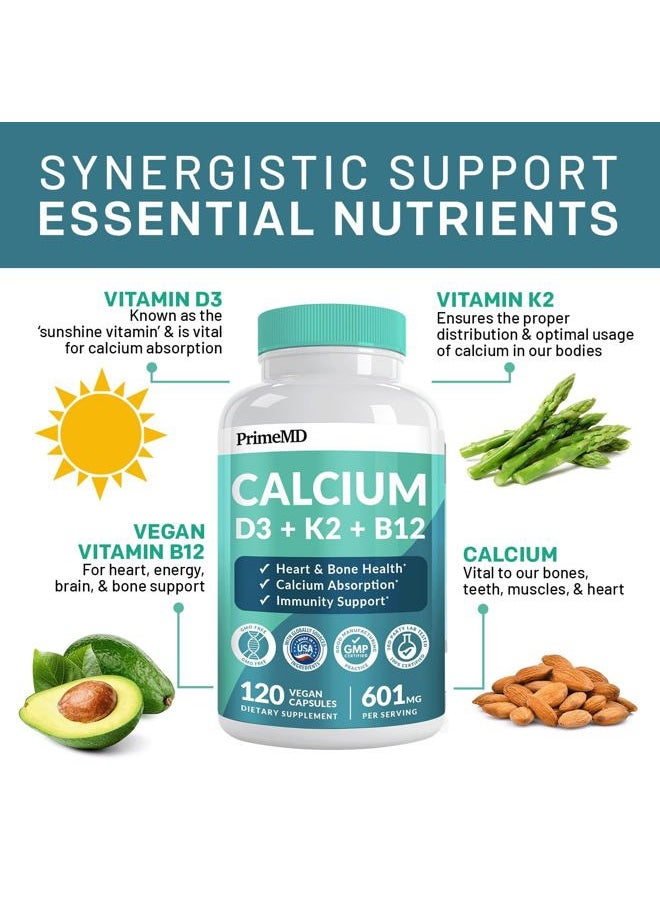 PrimeMD - 4-in-1 Calcium Supplements for Women and Men - Calcium 600mg with Vitamin D3 K2 5000 IU Supplement for Heart, Bone and Body Defenses - Gluten-Free, Vegan-Friendly (120 ct) - Image 1