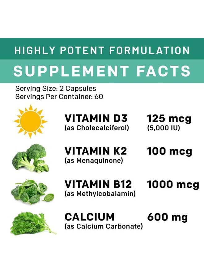 PrimeMD - 4-in-1 Calcium Supplements for Women and Men - Calcium 600mg with Vitamin D3 K2 5000 IU Supplement for Heart, Bone and Body Defenses - Gluten-Free, Vegan-Friendly (120 ct) - Image 1
