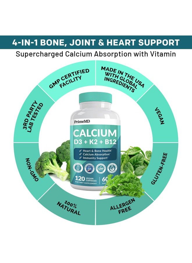 PrimeMD - 4-in-1 Calcium Supplements for Women and Men - Calcium 600mg with Vitamin D3 K2 5000 IU Supplement for Heart, Bone and Body Defenses - Gluten-Free, Vegan-Friendly (120 ct) - Image 1
