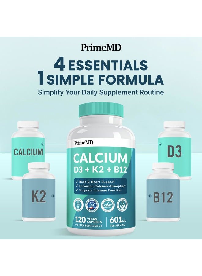 PrimeMD كالسيوم 4 في 1 بتركيز 600 ملجم مع فيتامين د3 وك2 وب12 - مكمل فيتامين د3 وك2 بتركيز 5000 وحدة دولية لدعم القلب والعظام والمناعة - مكملات الكالسيوم للنساء والرجال - خالية من الجلوتين وغير معدلة وراثيًا ومناسبة للنباتيين (120 قرصًا) - Image 3