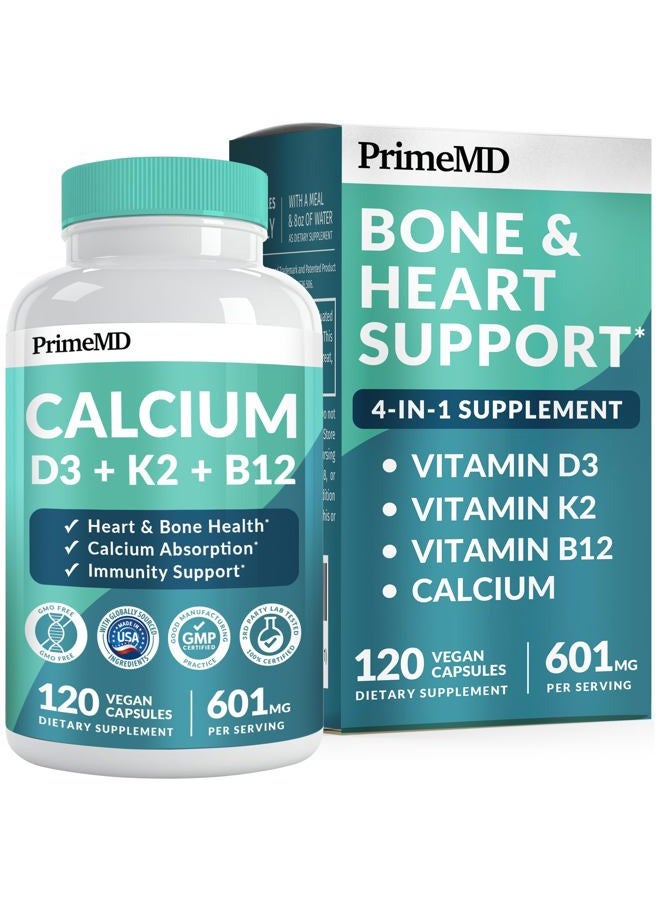 PrimeMD كالسيوم 4 في 1 بتركيز 600 ملجم مع فيتامين د3 وك2 وب12 - مكمل فيتامين د3 وك2 بتركيز 5000 وحدة دولية لدعم القلب والعظام والمناعة - مكملات الكالسيوم للنساء والرجال - خالية من الجلوتين وغير معدلة وراثيًا ومناسبة للنباتيين (120 قرصًا) - Image 1