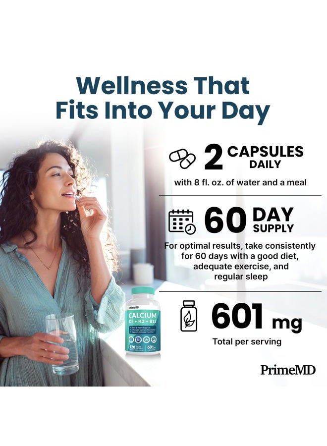 PrimeMD كالسيوم 4 في 1 بتركيز 600 ملجم مع فيتامين د3 وك2 وب12 - مكمل فيتامين د3 وك2 بتركيز 5000 وحدة دولية لدعم القلب والعظام والمناعة - مكملات الكالسيوم للنساء والرجال - خالية من الجلوتين وغير معدلة وراثيًا ومناسبة للنباتيين (120 قرصًا) - Image 4